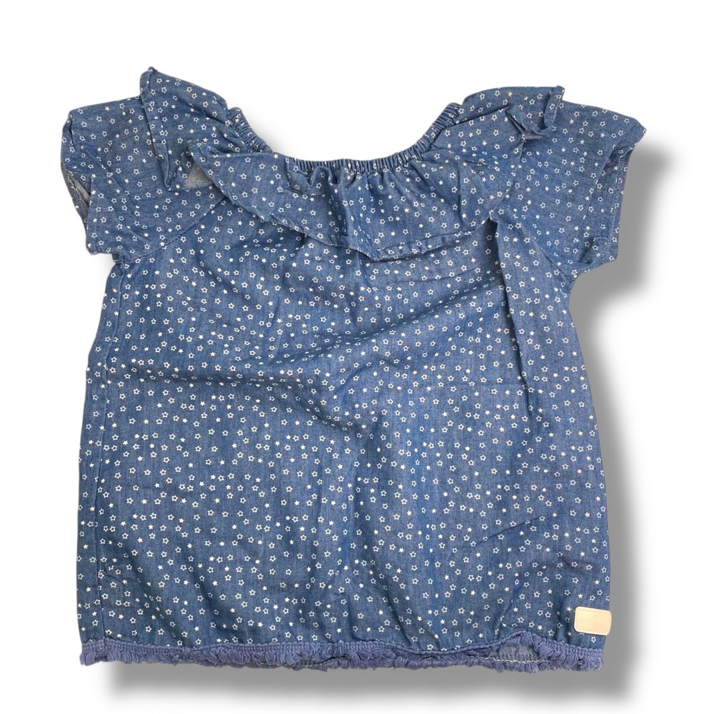 7 For All Mankind Star Print Top Ruffle Trim Denim Blue Girls Size 6 517